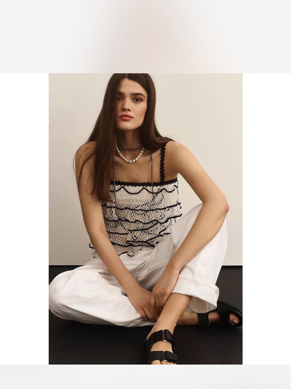 Anthropologie White Cami with Black Trim Ruffle Detail - Picture 2 of 5